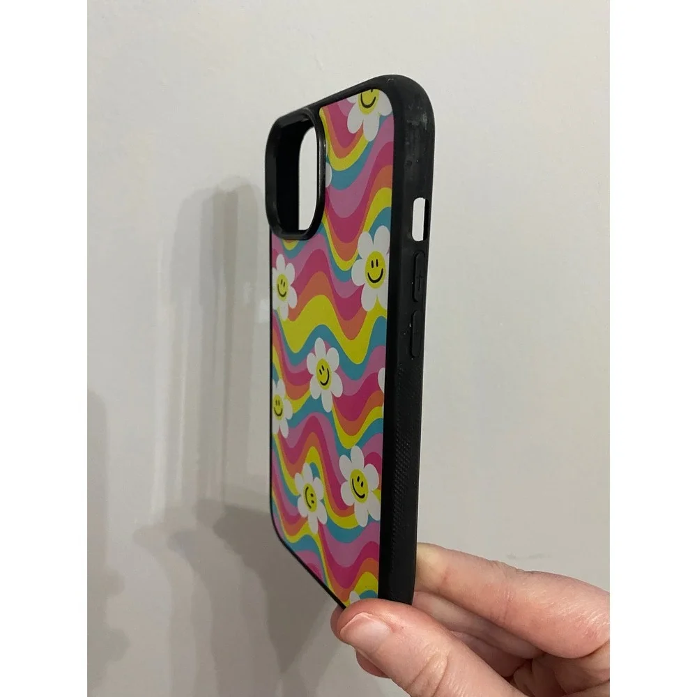 iPhone 15 Case Unisex OS Multicolor‎ Groovy Psychedelic Daisy Smiley Face Wavy